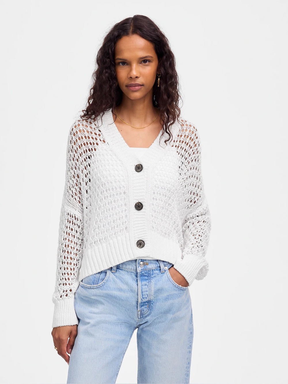 New Madewell Open-Stitch V-Neck Cardigan $128 White Size Small